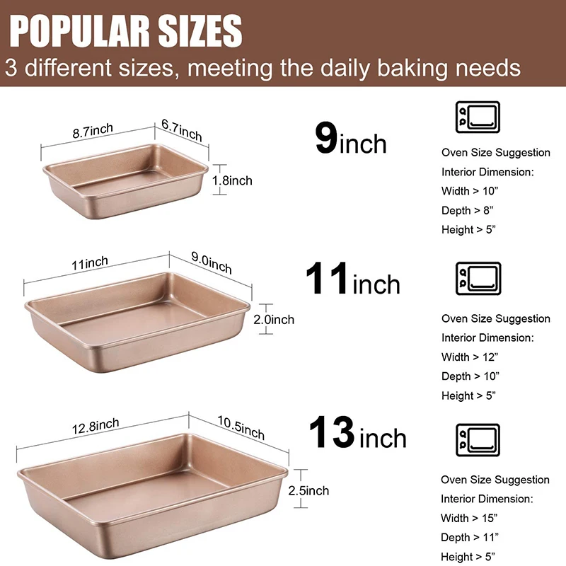 Deep Baking Pans Nonstick Set Cookie Sheet Pan Bakeware Rectangle Cake for Oven 3 Piece Gold |