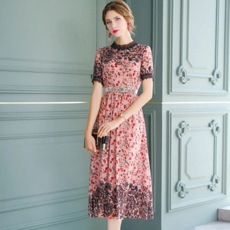 silk 2021 100% lace print dress summer O-neck short sleeves New fashion Dress women's style retro small length skirt plus 3XL