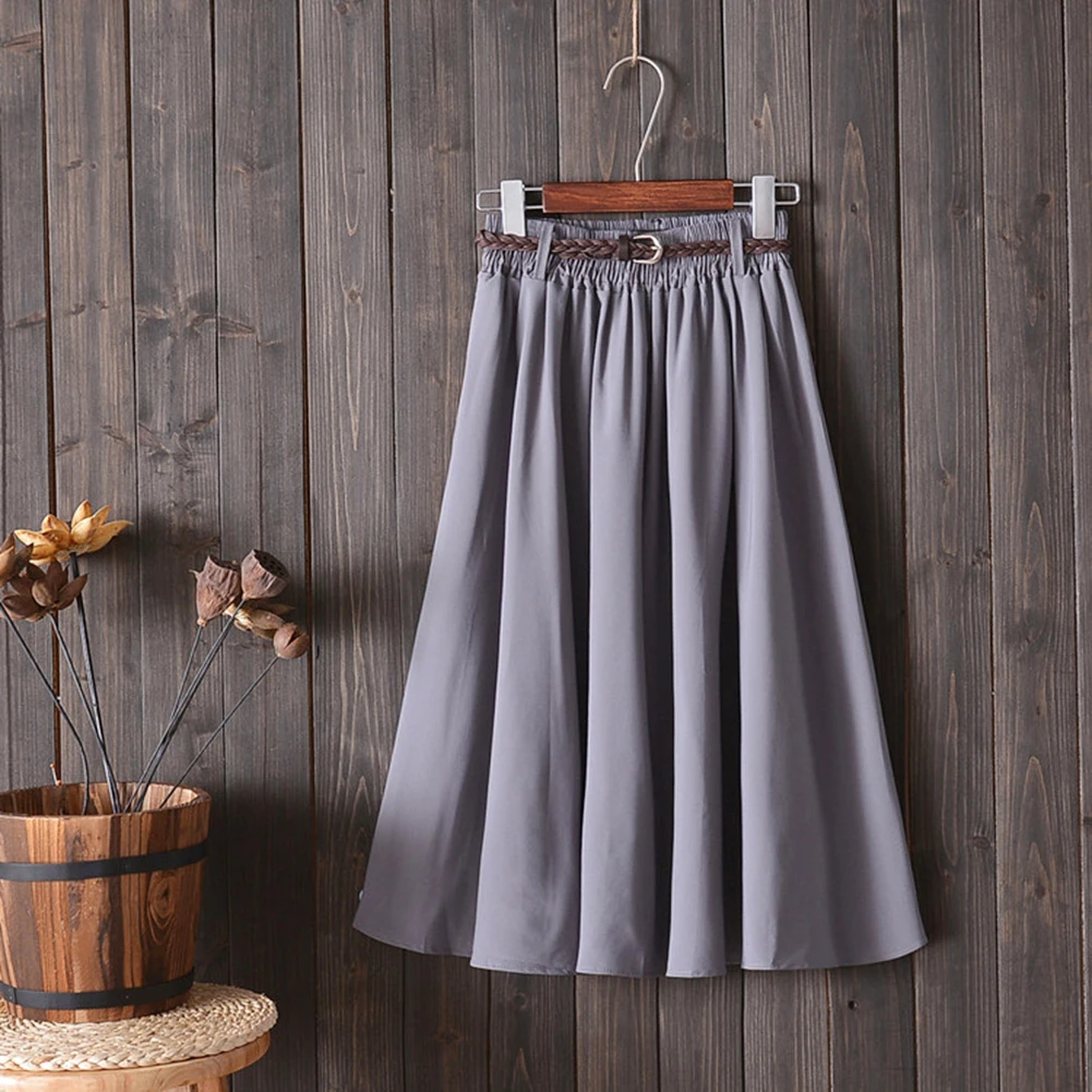 

Pleated Skirt women Korean Style Summer Midi Skirt High Waist Pleated A-line School Skirts With Belt Big Swing A- Line Skirt