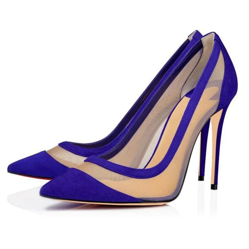 

Blue Suede Mesh Shoes Pointed toe 12cm Stiletto Heel Patchwork Shoes Women Slip-on See Throught Party Dress Shoes