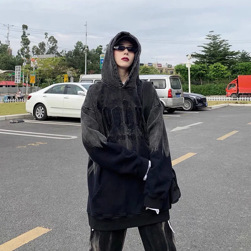 

Dark fried street large size autumn and winter thin sweater women 2021 tie-dye letter printing long-sleeved hooded top sweater