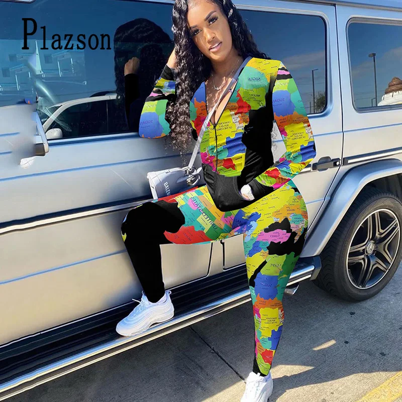 

Plazson Map Print Sweatshirt Top+Sweatpants Tracksuits Women Sets Sporty Casual Two Piece Set Sportwear Jogger Zip Sweat Suit