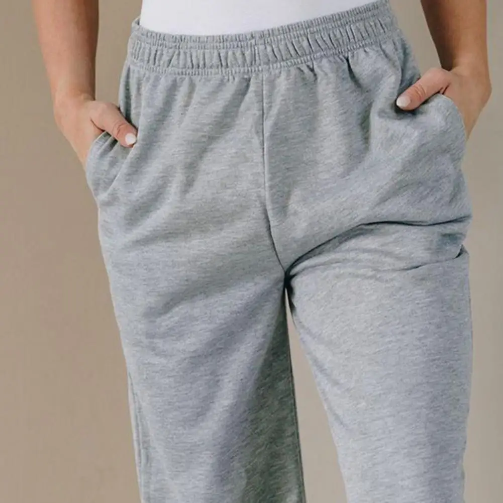 

Summer Women Pants Solid Color Pockets Elastic High Waist Ankle-Length Bloomers Pants Plus Size Sports Fitness Trousers Casual