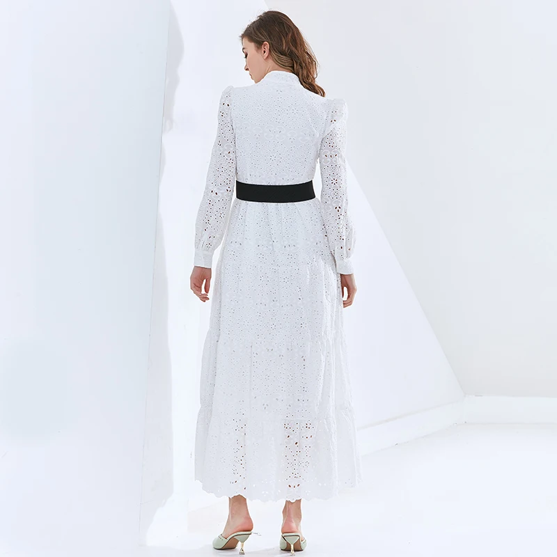 

TWOTWINSTYLE Hollow Out Black Dress For Women Stand Collar Lantern Sleeve High Waist Sashes Midi Dresses Female Fashion New