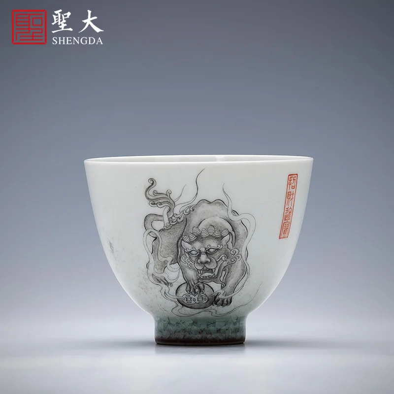 

Shengda ceramic kungfu tea cup hand painted ice crack glaze ink color master cup to cup all handmade Jingdezhen tea set