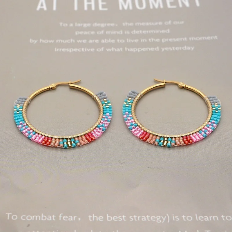 

Miyuki Bead Earrings Hand-made Large Circle Gradient Color Bohemian Retro Ethnic Hoop Earrings Jewelry for Women