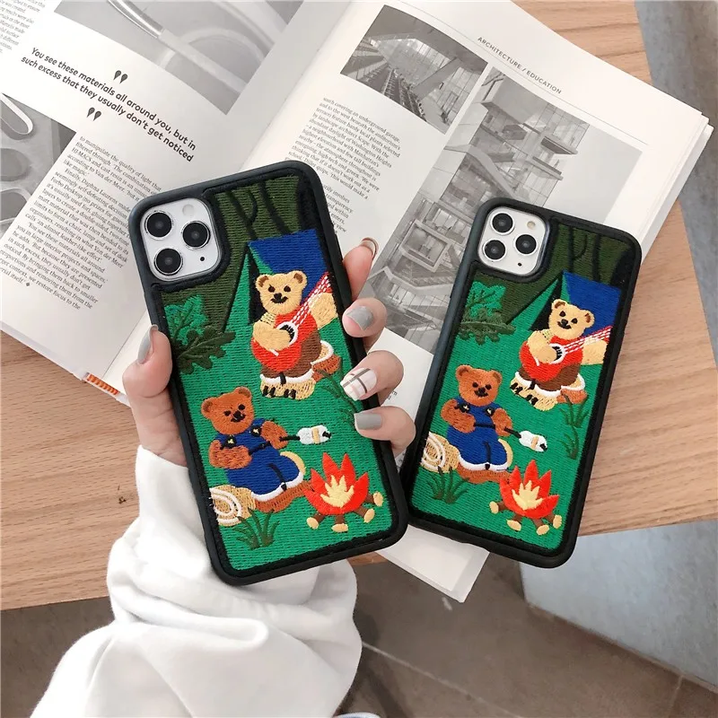 

Cute Embroidery bear female Phone Cover Case For Iphone X 11 pro Xs Max Xr 10 8 7 Plus SE 4.7 Luxury Cloth pattern Coque Fundas