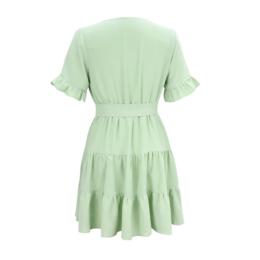 

2020 summer women's lace up V-neck solid color holiday casual dress short skirt