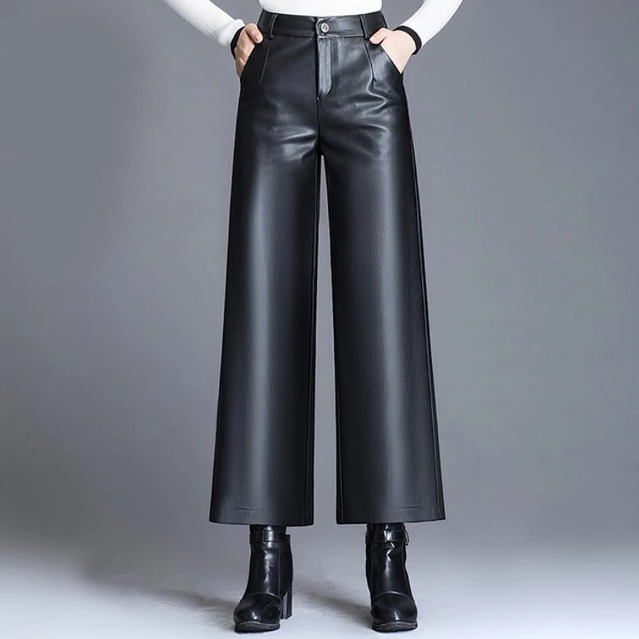 Женские облегающие кожаные брюки с широкими штанинами повседневные толстые из