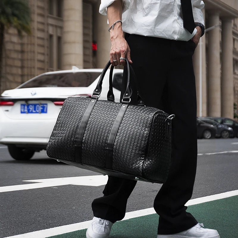New Men's PU Leather Weaven Handbags Male Large-Capacity Portable Shoulder Bags Designer Weekend Travel Bags Travel Luggage Bags