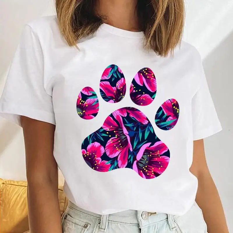 

Women Dog Paw Floral Flower Love Dog Animal Female Short Sleeve Cartoon Clothes Tops Print Ladies Tees Tshirt Graphic T-Shirt