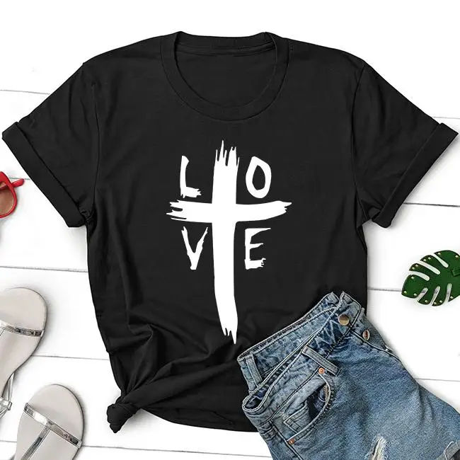 

Christian Love Cross Hope Black Cotton Tshirts Clothes Fashion Printed T-shirt Graphic Hope Faith Top Tees Unisex