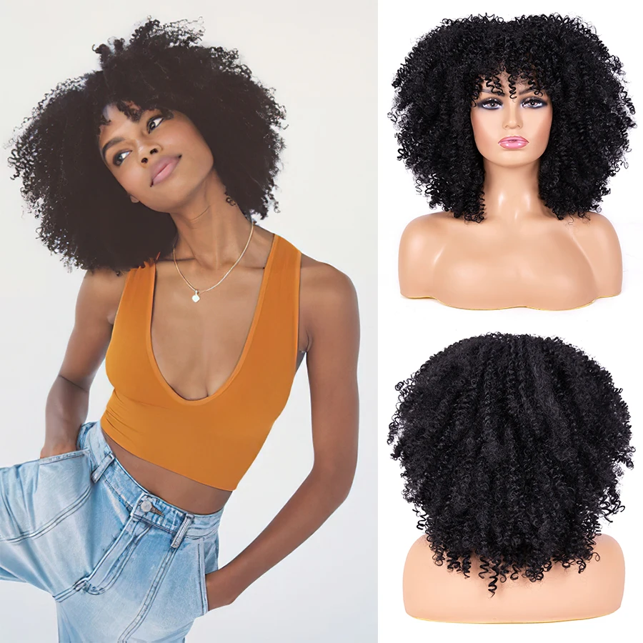 

Leeons синтетический афро кудрявый парик с челкой полностью машинная работа верхний парик для чернокожих женщин Косплей парики высокая темпе...