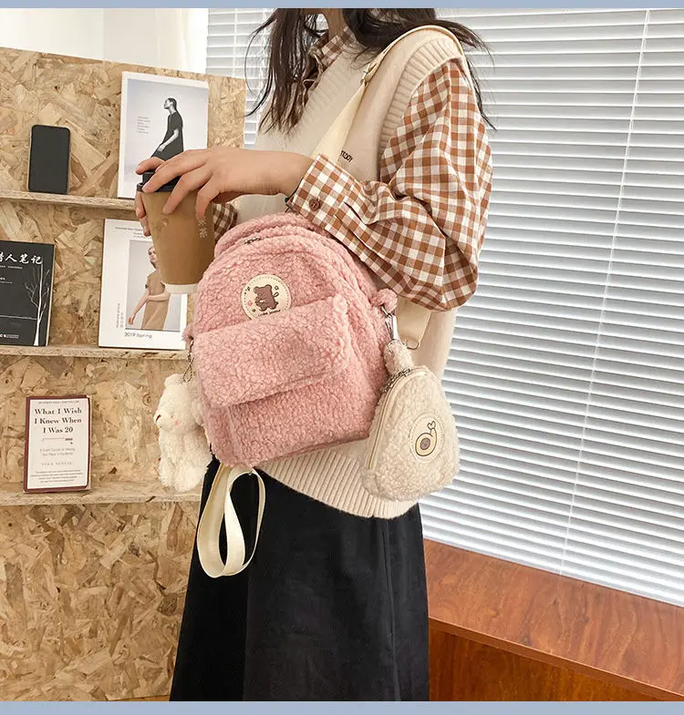 

2021 New Women Plush 3Pcs Sets Backpacks Ladies Crossbody Bags Cartoon Female School Bags Fashion Women Shoulder Bags Girls Bags