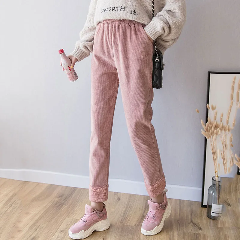 pink 1 Уличная вельветовые шаровары женские осенне-зимние брюки с высокой талией с карманами женские повседневные брюки больших размеров pantalon femme - Цвет: pink 1