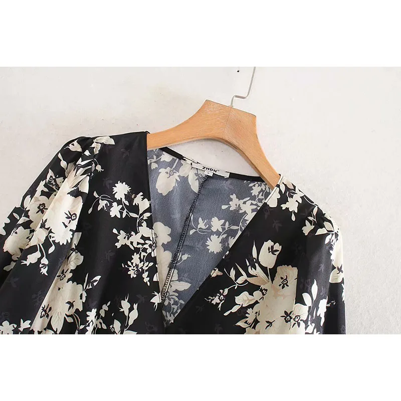 za 2019 women dress v-neck floral print midi black elegant vestidos fashion chic a-line vestido mujer | Женская одежда