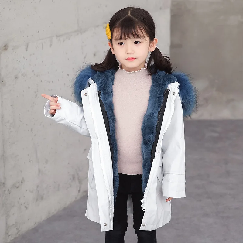 1907 Новая модная детская зимняя одежда длинный Настоящий мех кролика пальто