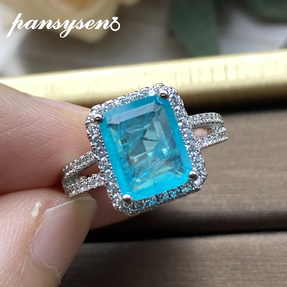 

PANSYSEN 925 Sterlings Silver Paraiba Tourmaline Emerald Gemstone Ring Anniversary Cocktail Party Rings for Women Drop Shipping