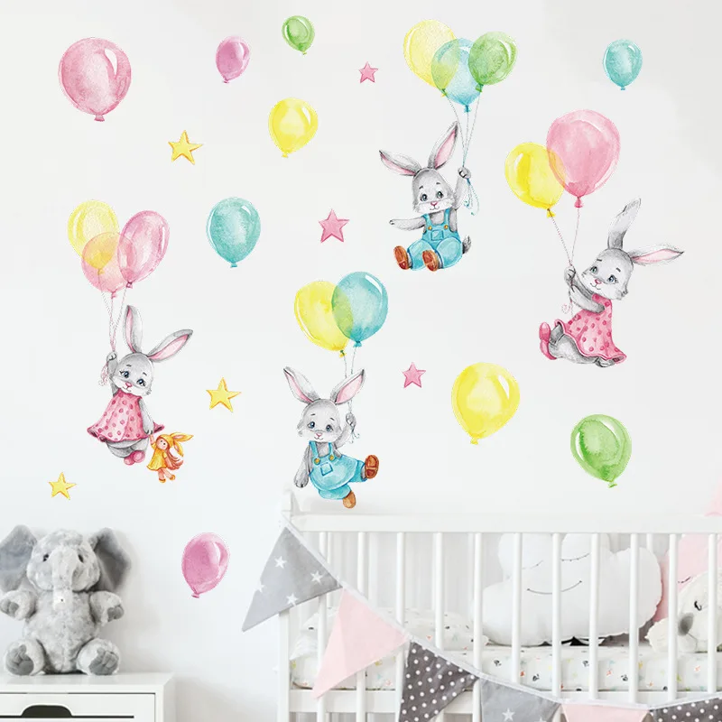 

Hand Drawn Balloon Bunny Wall Stickers for Babys Room Boys Children Room Decor Kids Room Wall Decor For Home Art Murals Posters