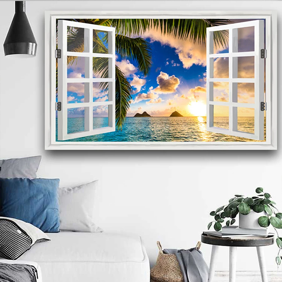 

Window Landscape Full Drill 5d DIY Diamond Painting Coconut Sunset Diamond Embroidery mosaic cross stitch art Home Decor