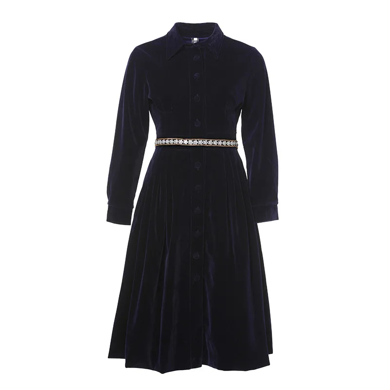 

2020 Autumn Lapel Shirt Vestido Women Vintage Casual Blue Ruffle Sundress Female Tunic Robe Chemise Velour High Quality Dresses