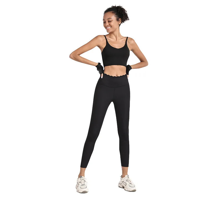 

Lace high waist nude yoga pants women's tight-fitting hip-lifting running fitness pants without trace pockets