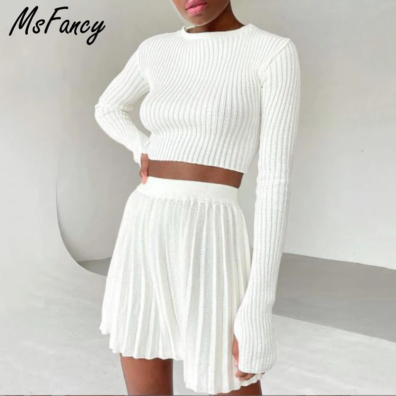 Msfancy вязаные комплекты с юбкой женский короткий топ длинным рукавом