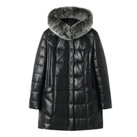 fattening large leather down jacket winter womens plus size hooded sheepskin medium length oversize fox fur leather coat