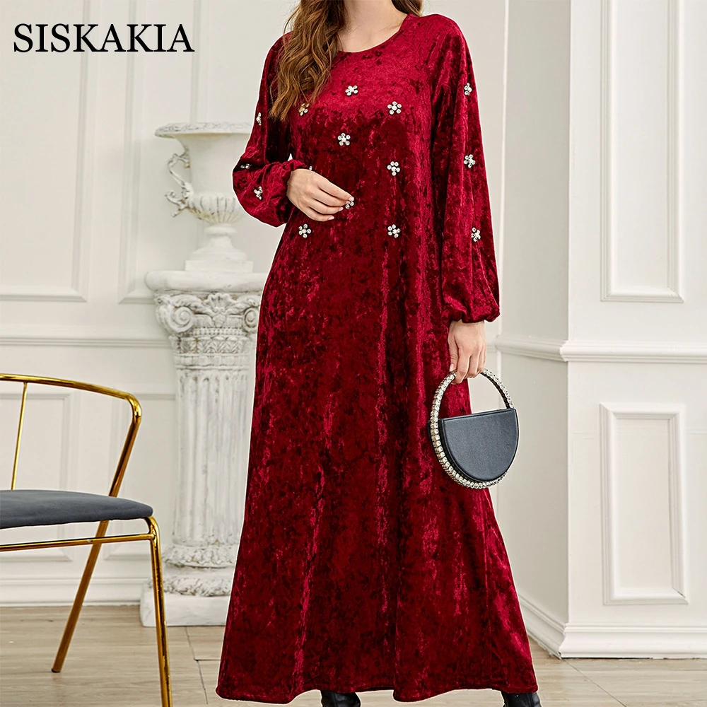 

Женское бархатное платье-макси Siskakia, темно-красное платье с круглым вырезом и длинными рукавами, весна-осень 2022