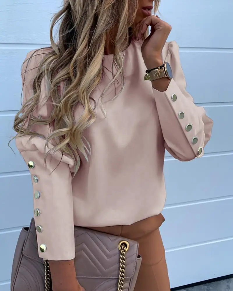Solid Metal Buttoned Detail Casual Blouse