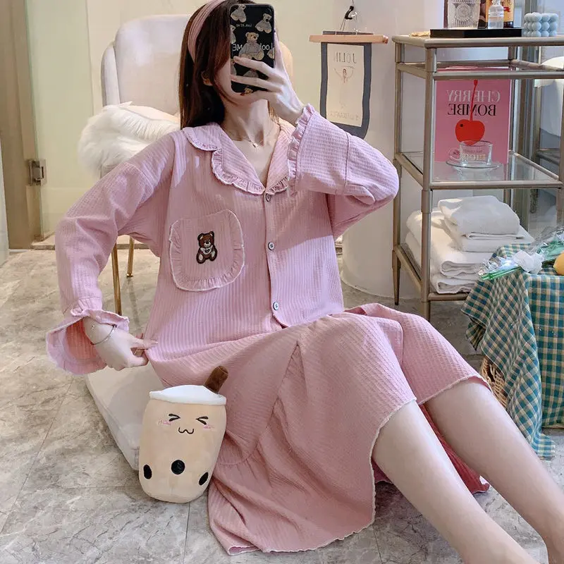 

2021 Spring Summer Cardigan Nightdress Women's Long-Sleeved Long Cute Princess Style Casual Loose Plus Size Homewear Pajamas