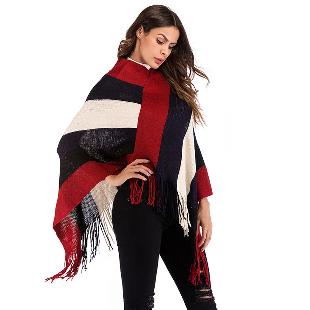 Joineles Autumn Wool Women Sweaters Stripe Tassels Fashion Knitwear Pullovers Female Outwear Tops Korean Style Cape Poncho | Женская