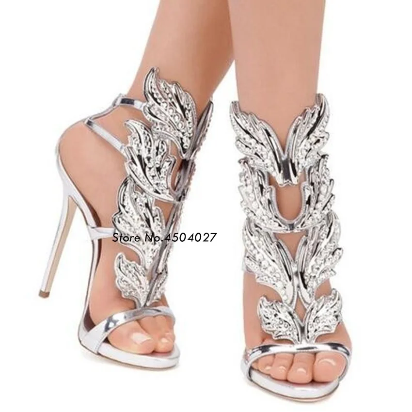 Женские босоножки стразы на высоком каблуке с кристаллами и листьями