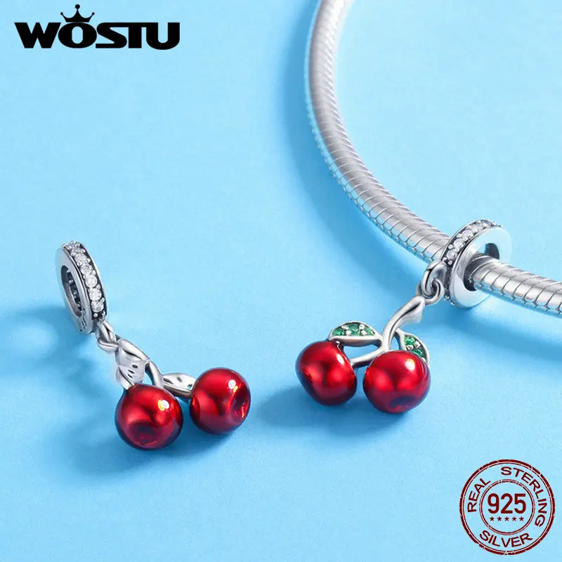 WOSTU серебро 925 пробы Вишневый клубничный Шарм Кулон из бусин для напитков и