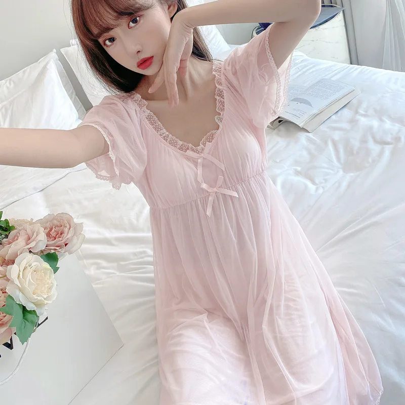 

New arrival Court Style Lace Princess Nightdress Female Girl Beautiful Pijamas Cute with Chest Pad women sleepwear