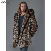 new fashion faux fur jacket for men 2022 winter male leopard fur jacket long style hooded fur overcoat warm men fur outerwear