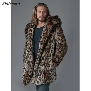 Новинка, модная мужская куртка из искусственного меха, зима 2022, мужская куртка с леопардовым мехом, длинное стильное меховое пальто с капюшоном, Теплая мужская меховая верхняя одежда