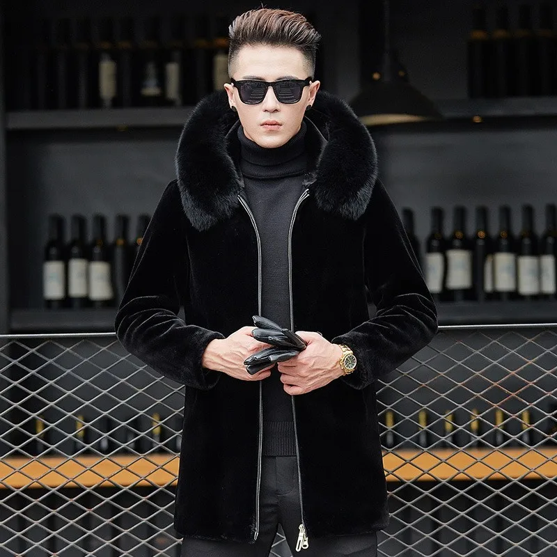Мужская шерстяная куртка черная из искусственного лисьего меха со съемным