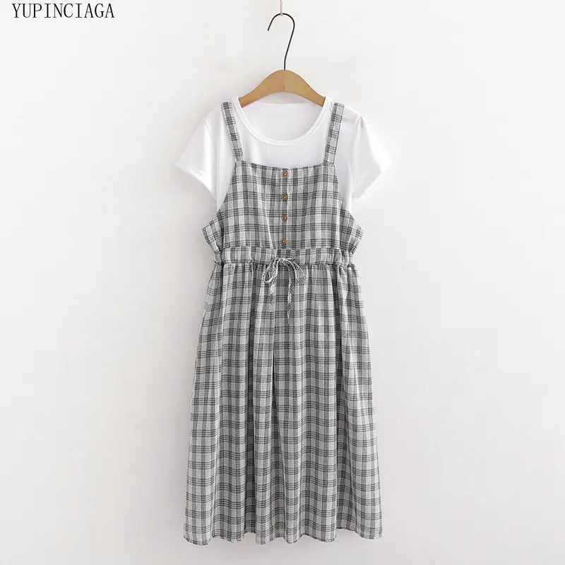 

2020 Summer Womens Sets Korean Fashion Waistband Lace Up Plaid Dress + Short Sleeve T shirt Sweet Style Two Piece Sets