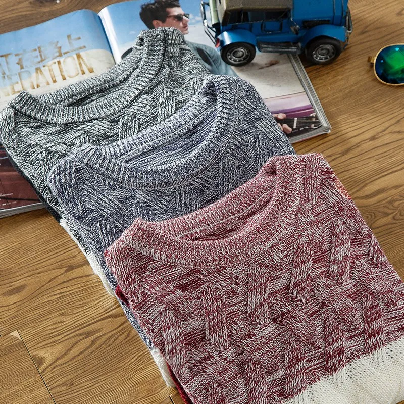 

Korean Autumn Winter Mens O-Neck Casual Sweaters Fashion Long Sleeve Panelled Slim Fit Male Pullover Knitted Tops Plus Size