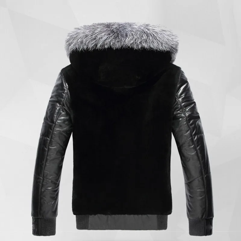 Top Brand Mens Pu Leather Motorcycle Jacket Faux Coat Fur Trim Hooded Winter Warm Overcoat Classic Black European Large Size | Мужская