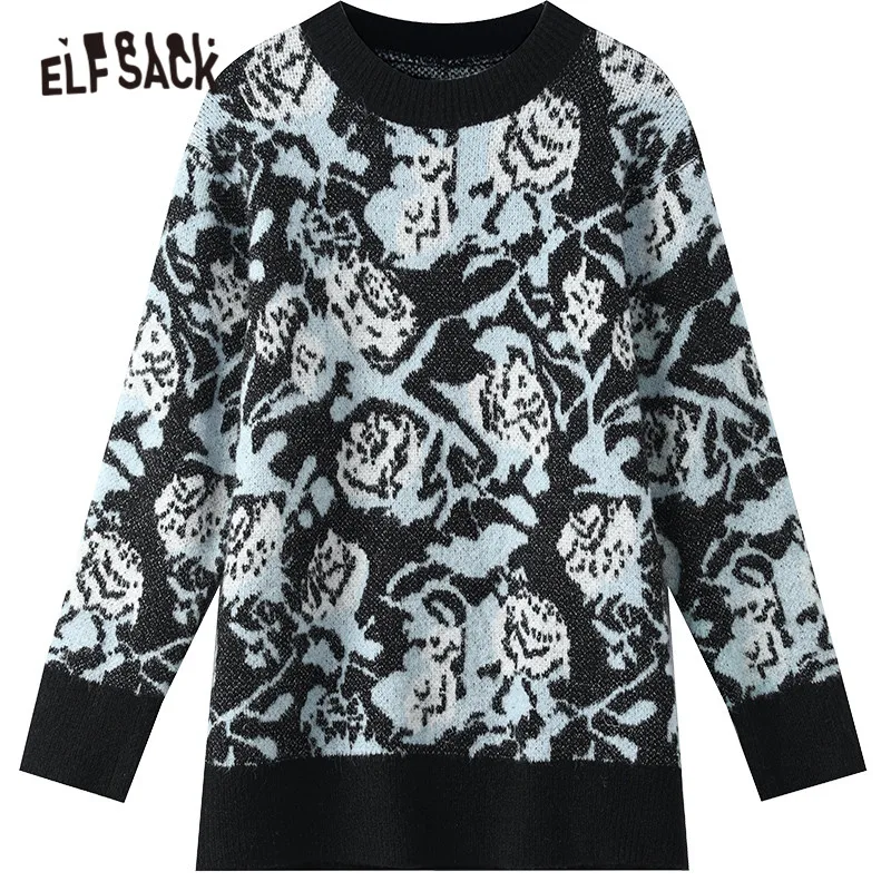 

ELFSACK Rose Jacquard Casual Knit Vintage Women Sweaters,2020 Winter ELF Floral Full Sleeve Korean Ladies Daily Soft Tops