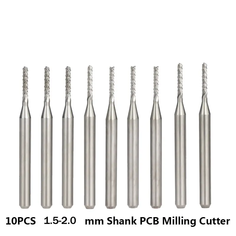 10pcs 1.5-2.0mm PCB Milling Cutter Set Carbide CNC Router Bits Tools PCB Machine Engraving Bit 3.175mm Shank CNC End Mills