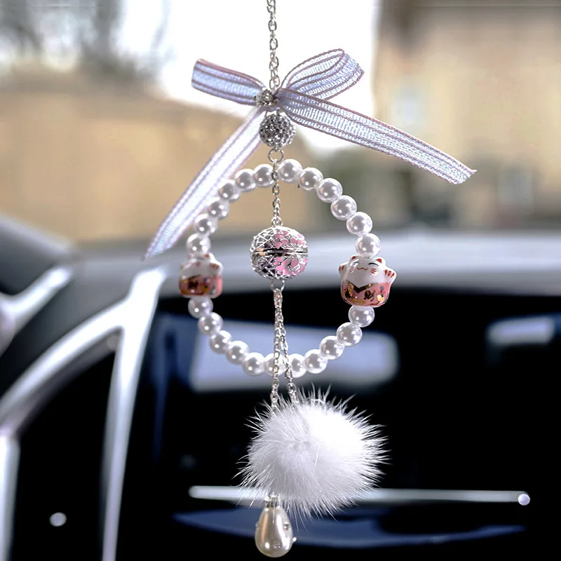 

Car Pendant String of Pearls Lucky Cat Auto Rearview Mirror Hanging Ornament Fragrance Bling Interior Decor Accessory Girl Gifts