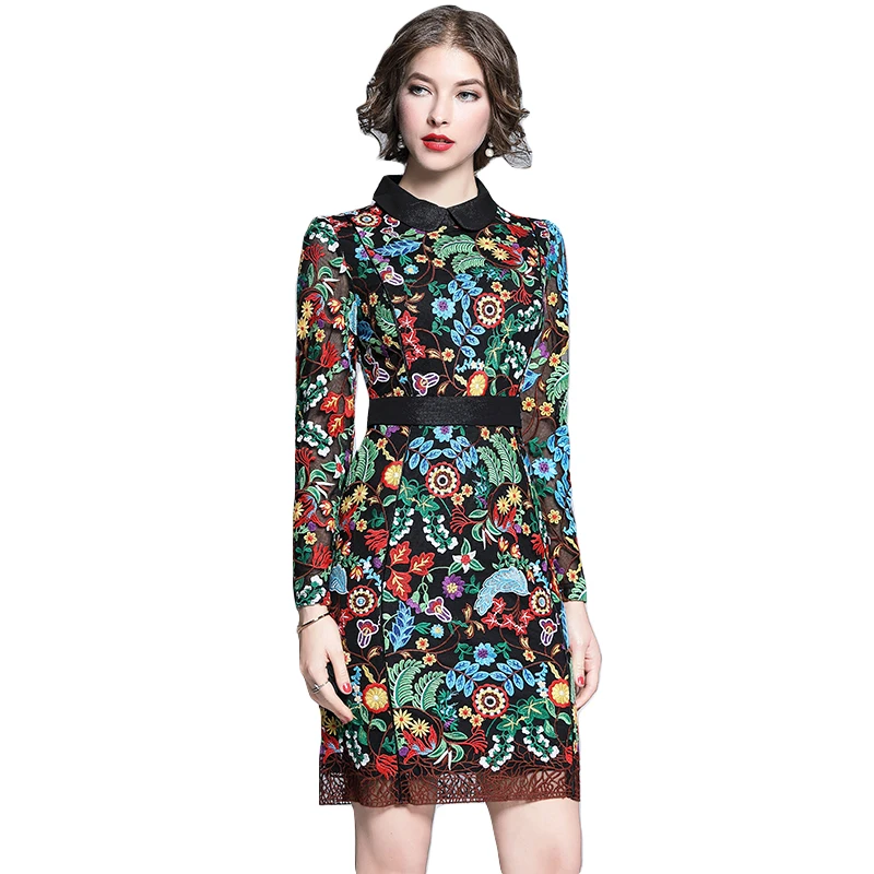 

Spring Autumn Women Peter pan Collar Long Sleeve Dress High Quality Gorgeous Retro Flowers Embroidery Elegant Slim Evening Dress