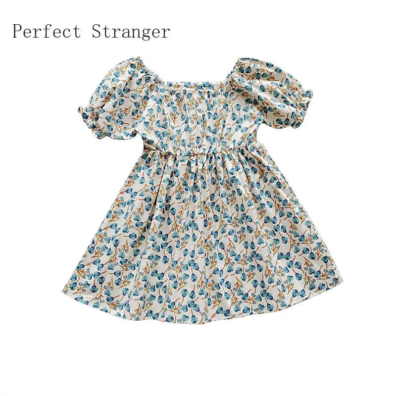 

2021 Summer New Arrival Children Clothes Round Collar Flower Printed Puff Sleeve Kids Baby Girl Dress 2-7Years Old