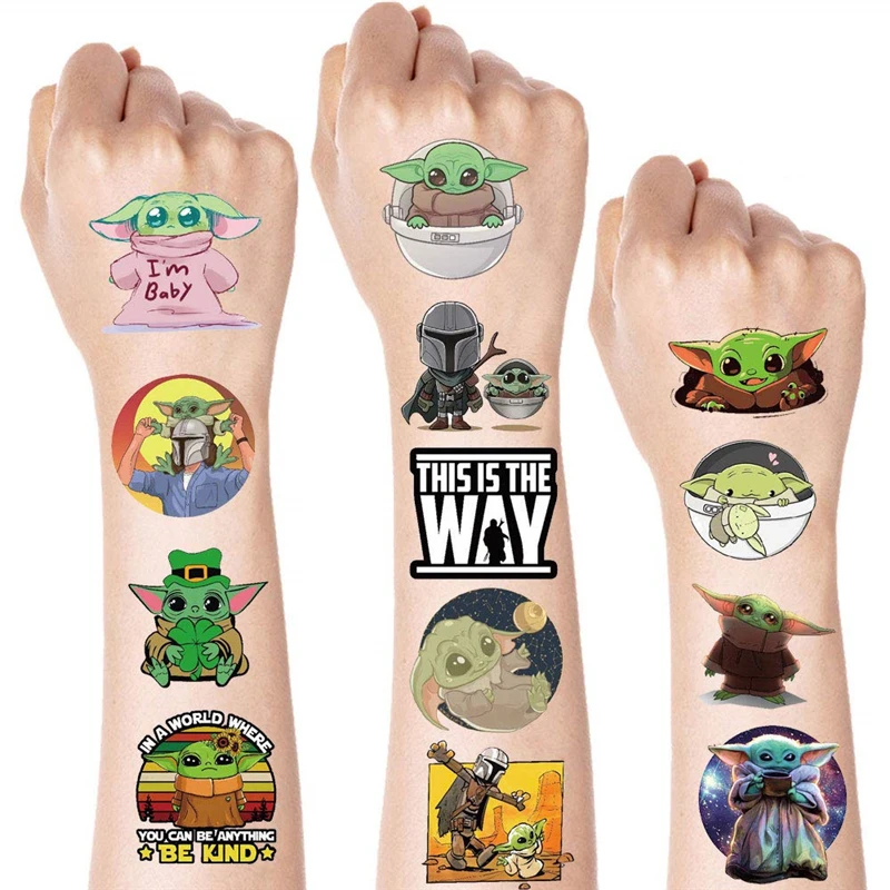 Pegatinas de tatuajes de Star Wars Para Ni&ntilde;os, figuras de acci&oacute;n de dibujos animados Mandalorian, Yoda, pegatina impermeable para beb&eacute;, regalos de Navidad y cumplea&ntilde;os, 1 Uds.-0