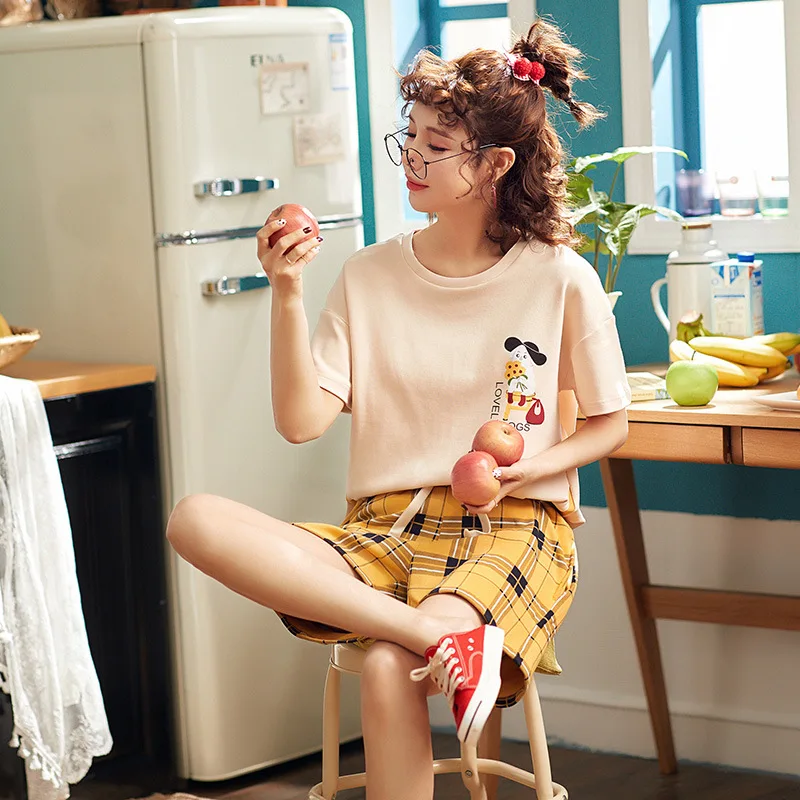 Пижамы с короткими рукавами женские летние хлопковые корейские тонкие шорты для