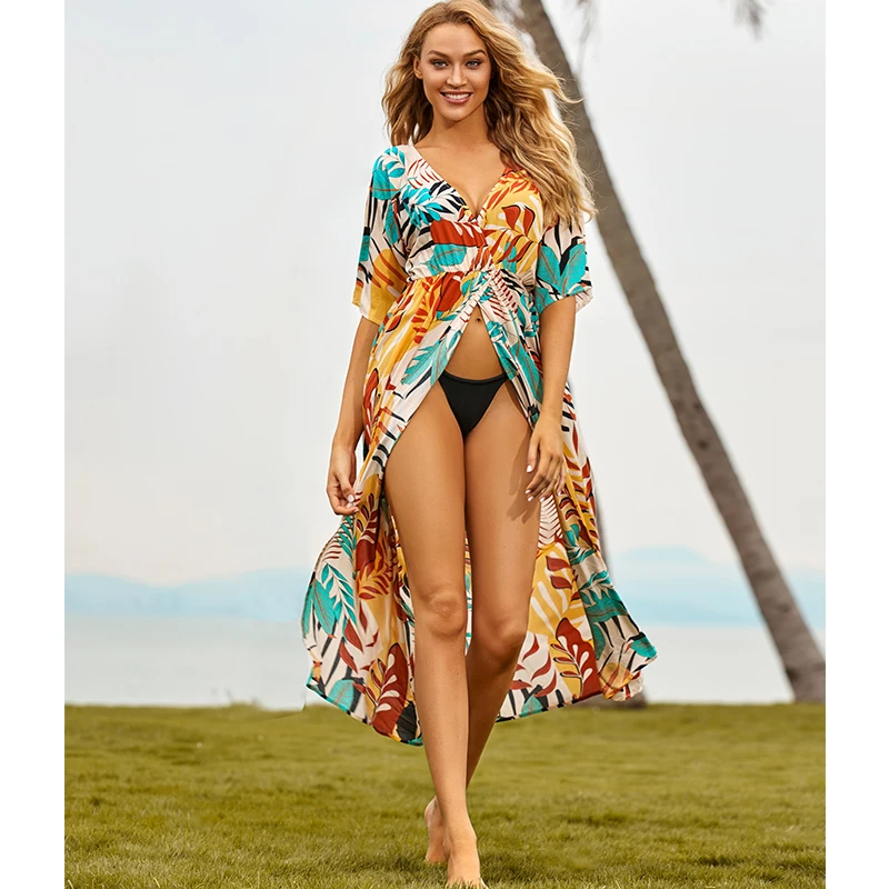 

Sexy Bikini Cover-ups Cotton Tunic Boho Printed Summer Wrap Dress Elegant Women Plus Size Beach Wear Swim Suit Cover Up Q1112