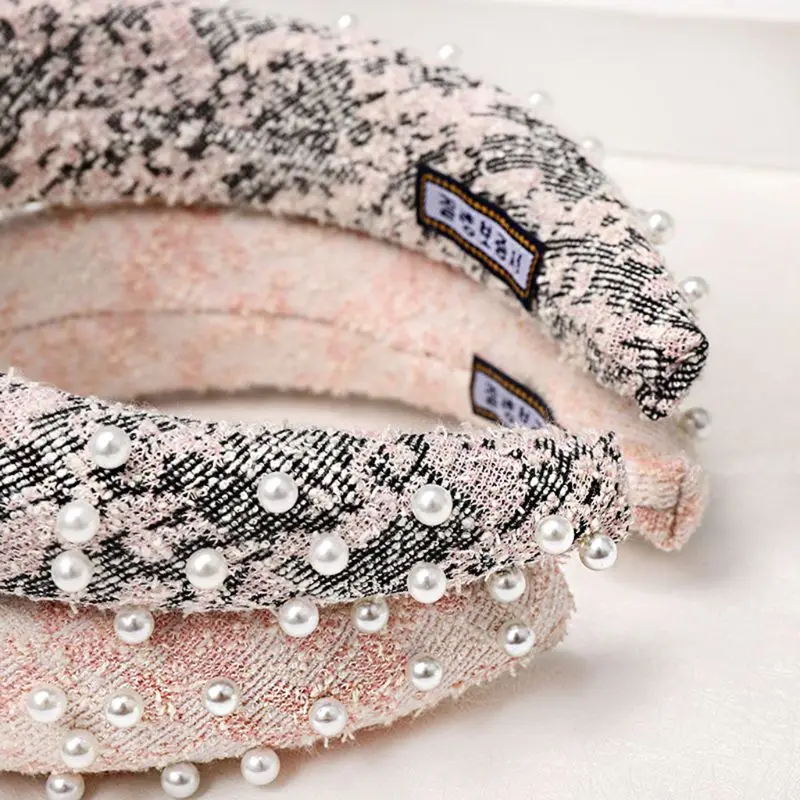 

Korean Thick Sponge Padded Hair Hoop Women Snakeskin Rhombus Knitted Wide Headband Imitation Pearl Beaded Party Styling Headwear